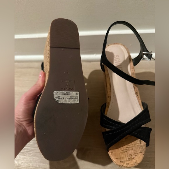 Schutz Black Strappy Sandals with Cork Sole - Picture 3 of 6